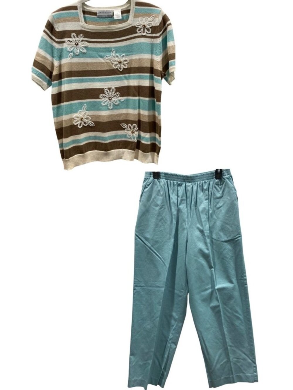 Alfred Dunner Two Piece Set Blue Brown Embroidered Striped Knit Top and Pants PL